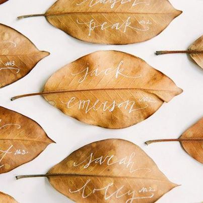 Photo: Hot on Pinterest: A few dried leaves plus white calligraphy created these cool fall escort cards http://ow.ly/dBCZn